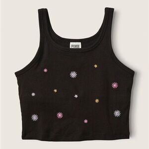 PINK Victoria's Secret Black Crop Top with Floral Embroidery
